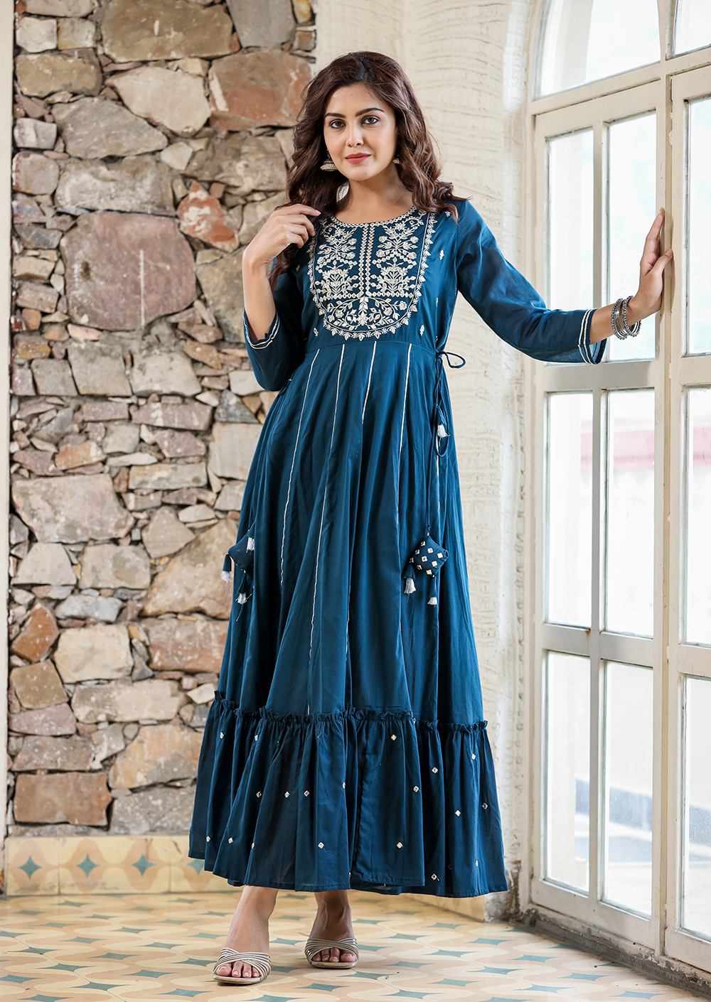 Buy Pink Ethnic Womens Navy Blue Sequence V-Neck Flared Maxi Ethnic Dress  online